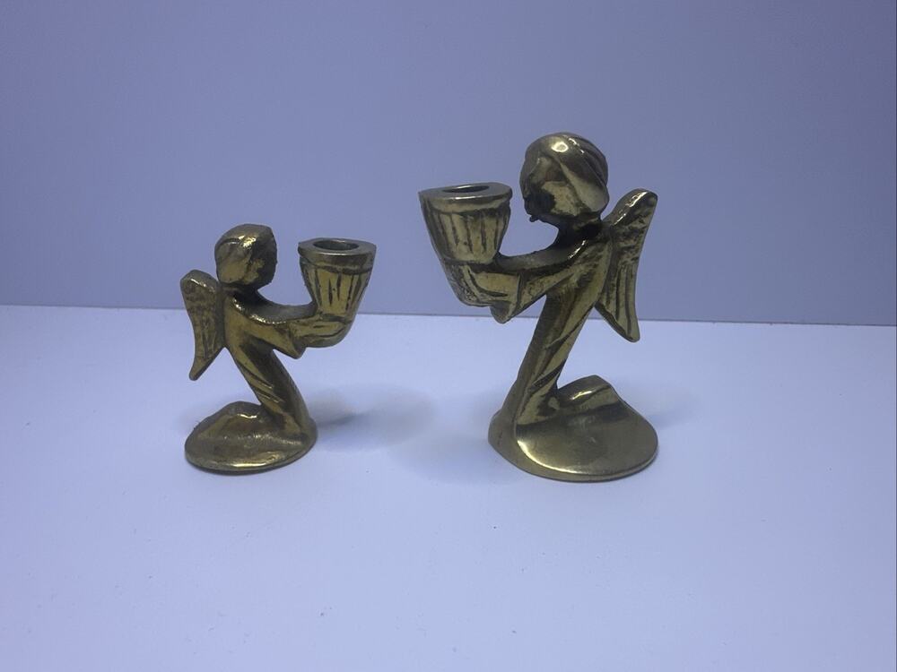 Vintage Brass Set Of 2 Kneeling Angel Candle Holder Tiny Candles